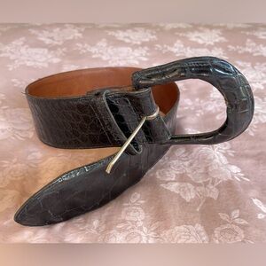 Ralph Lauren Wide Black Alligator Leather Belt with Rounded Buckle (made in USA)